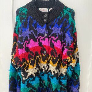 Vintage Chunky Knit Rainbow Cardigan Sweater Colorful Abstract Suns Stars 80s S